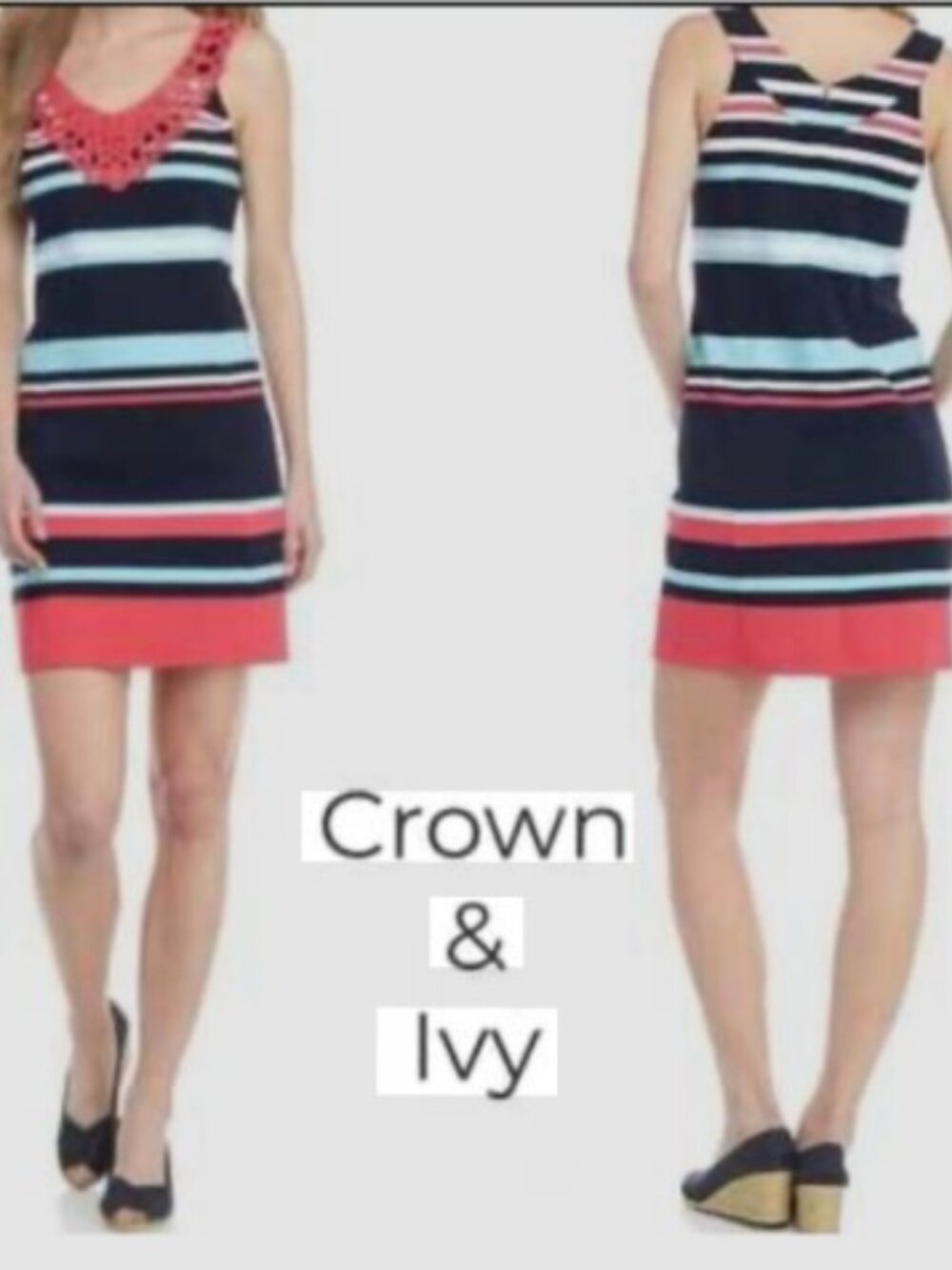 Crown & Ivy Shift Dress Striped Crochet Neck